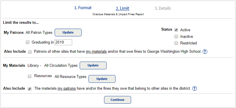 Step 2 of Current Checkouts/Fines report.